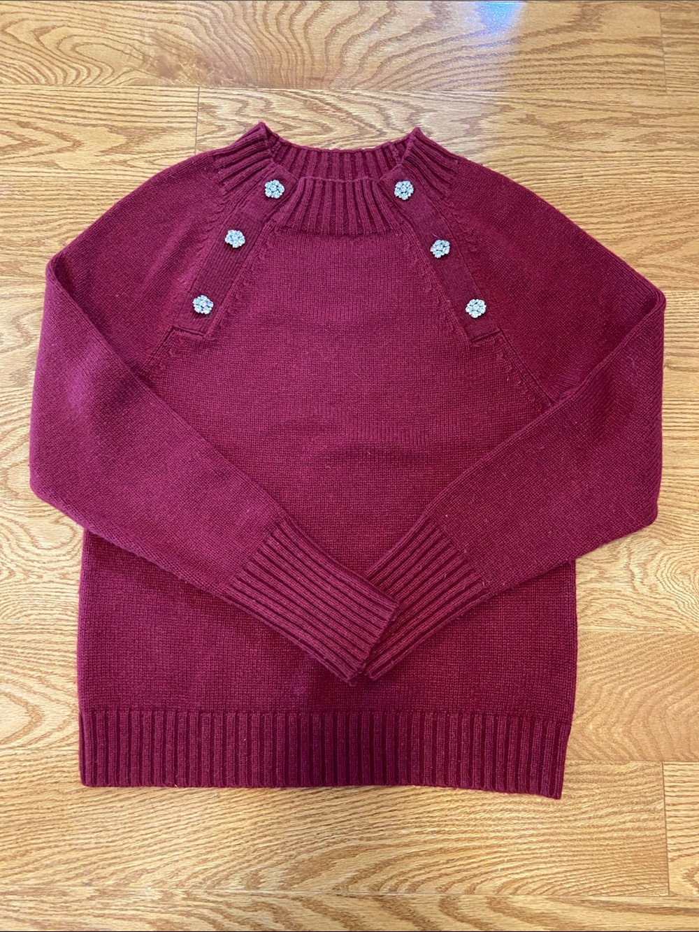 J Crew Burgundy Crewneck crystal Button-Accent Sweater